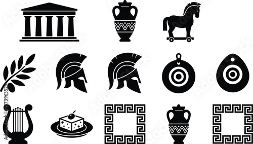 Photos Ancient Greece mythology history glyph icons set with temple trojan horse sparta