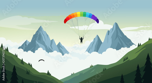 Bild auf Leinwand A colorful vector illustration of a paraglider soaring above mountains in a scenic landscape design