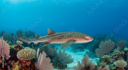 Adult zebra shark Stegostoma tigrinum with distinctive black spots swimming over a tropical coral reef ecosystem featuring sea fans and hard corals in clear blue ocean water.