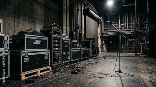 Backstage Theater Storage with Flight Cases and Microphone Stand in Industrial Setting