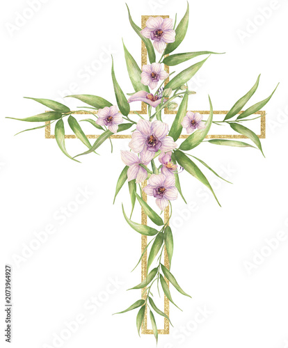 Watercolor green bamboo leaves and orchid flowers cross illustration, floral baptism cross clipart, wedding cross, religious, save tha date