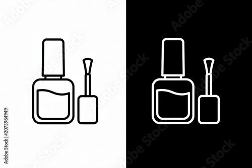 Nail polish bottle and brush icon illustrations on black and white background