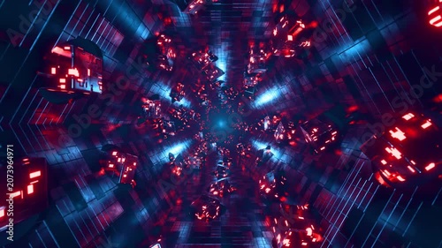 Dark cyber tunnel animation with red glowing cubes and blue tile lights. 3D rendering