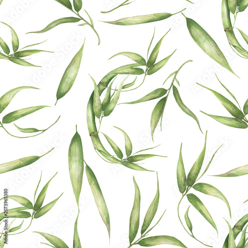 Watercolor green bamboo leaves seamless pattern, repeating flora paper
