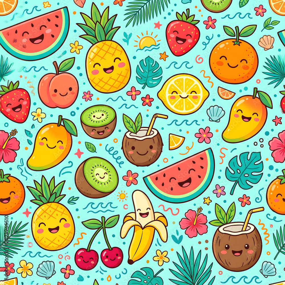 Fototapeta premium Vibrant summer fruit pattern with smiling cartoon fruits and tropical leaves on blue background