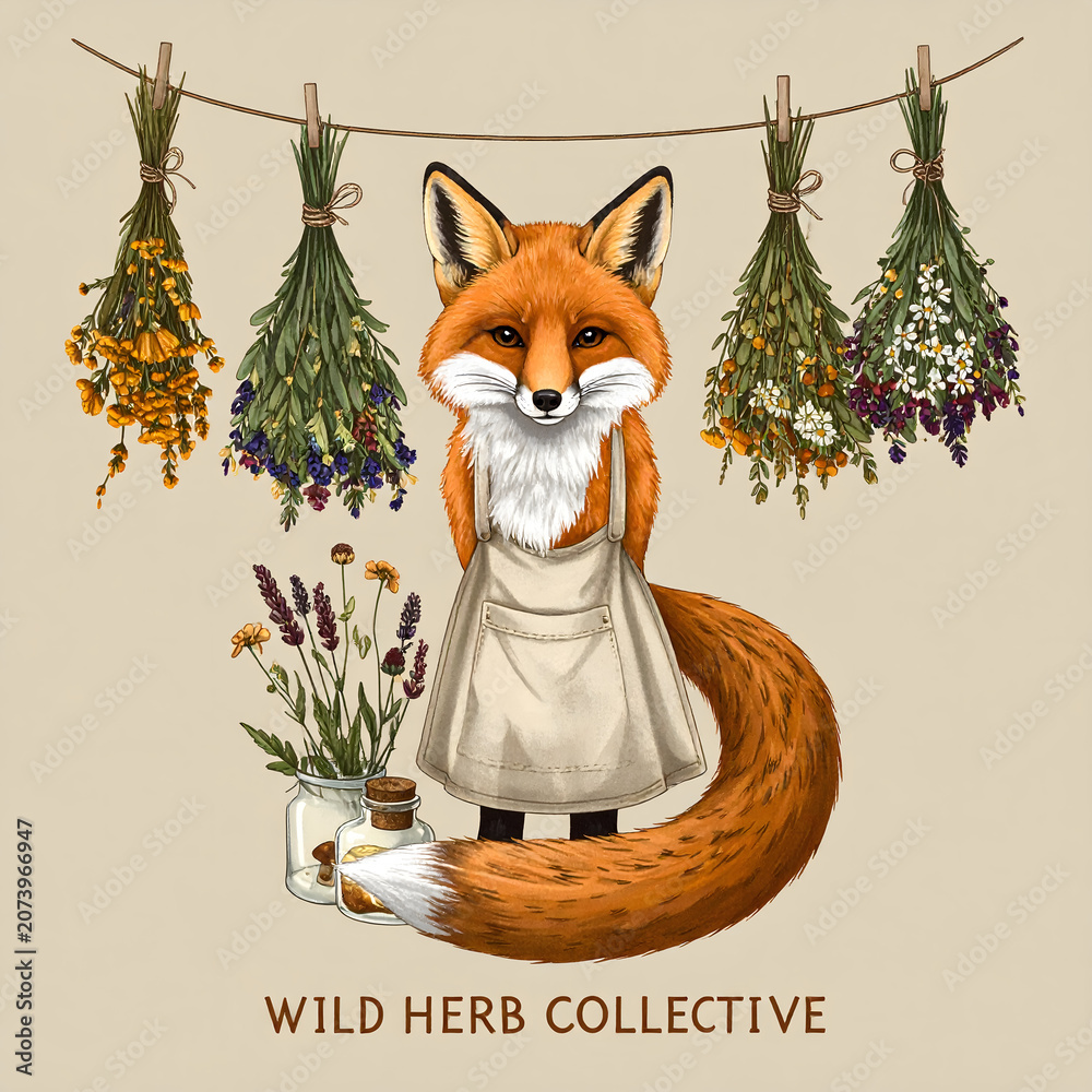 Obraz premium Red fox wearing linen apron hanging dried herbs creating elegant warm vintage cottagecore atmosphere generative AI