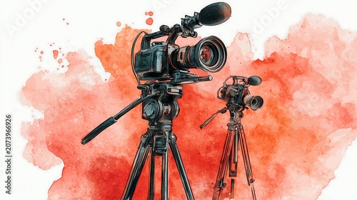 Watercolor illustration of professional videography gear with camera, tripod, and microphone, isolated on white background, soft brush textures and modern creative studio style.