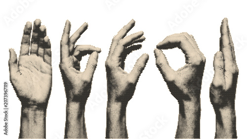 Vintage retro halftone hands set in various gestures with circle dots pattern isolated on transparent background