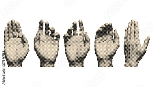 Five human hands showing different gestures in vintage retro halftone vector with circle dots pattern isolated on transparent background