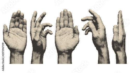 Vintage retro halftone hands set in various gestures isolated on transparent background