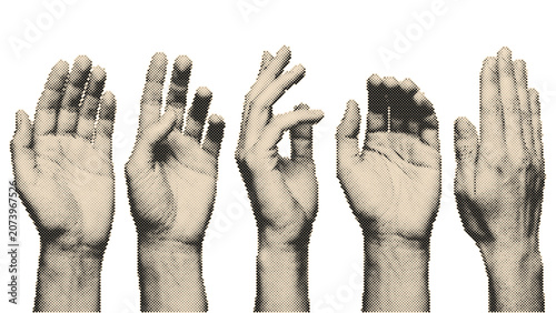Five raised human hands in a row with vintage retro halftone circle dots pattern illustration isolated on transparent background
