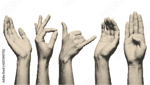 Five raised hands in a row vintage retro halftone vector illustration with circle dots pattern isolated on transparent background