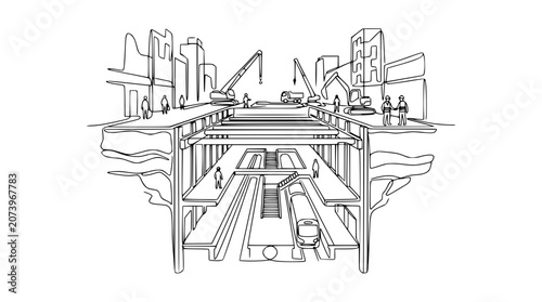Cross-section illustration of underground subway construction with cranes and workers in a city