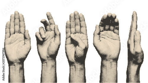 Vintage retro halftone hands set in various gestures with circle dots pattern isolated on transparent background