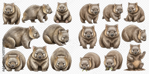 Fotografi Collection of adorable wombat illustrations in various poses, showcasing their charming and unique characteristics