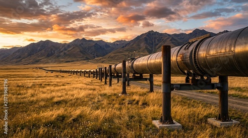 A massive industrial pipeline stretches across the golden grassy plains beneath a vibrant sunset sky