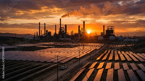 A sprawling industrial facility set against a vibrant sunset sky with solar panels in the foreground