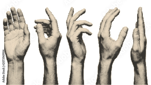Vintage retro halftone hands set with circle dots pattern in various gestures isolated on transparent background