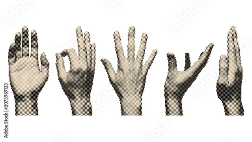 Vintage retro halftone hands set with circle dots pattern in various gestures isolated on transparent background