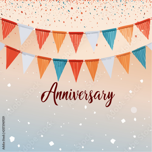 Anniversary celebration with colorful bunting and confetti