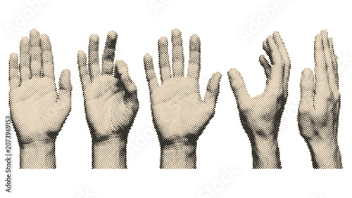 Set of five raised vintage retro halftone hands with circle dots pattern vector illustration isolated on transparent background