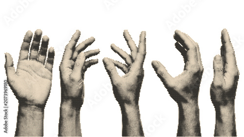 Vintage retro halftone hands raised in various gestures isolated on transparent background