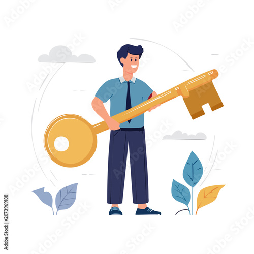 Cartoon businessman holding giant golden key illustration