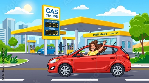 A cheerful woman drives her red car past a busy gas station on a sunny day in the city
