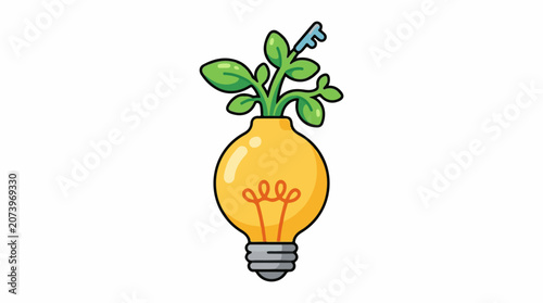 A cartoon lightbulb with green sprouts and a key growing out of it