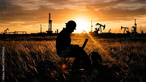 A solitary oil field worker sits on a stool typing on a laptop during a golden sunset