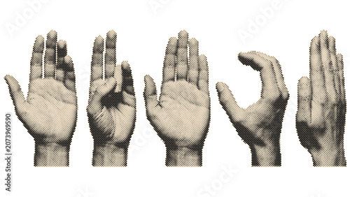 Five Stages of Raised Human Hands in Vintage Retro Halftone Vector with Circle Dots Pattern Isolated on Transparent Background