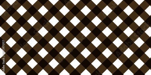 Diagonal dark brown and white gingham checkered pattern seamless background. Beautiful checkered fabric vector texture for tablecloths, shirts, plaid, or wallpaper wrap.