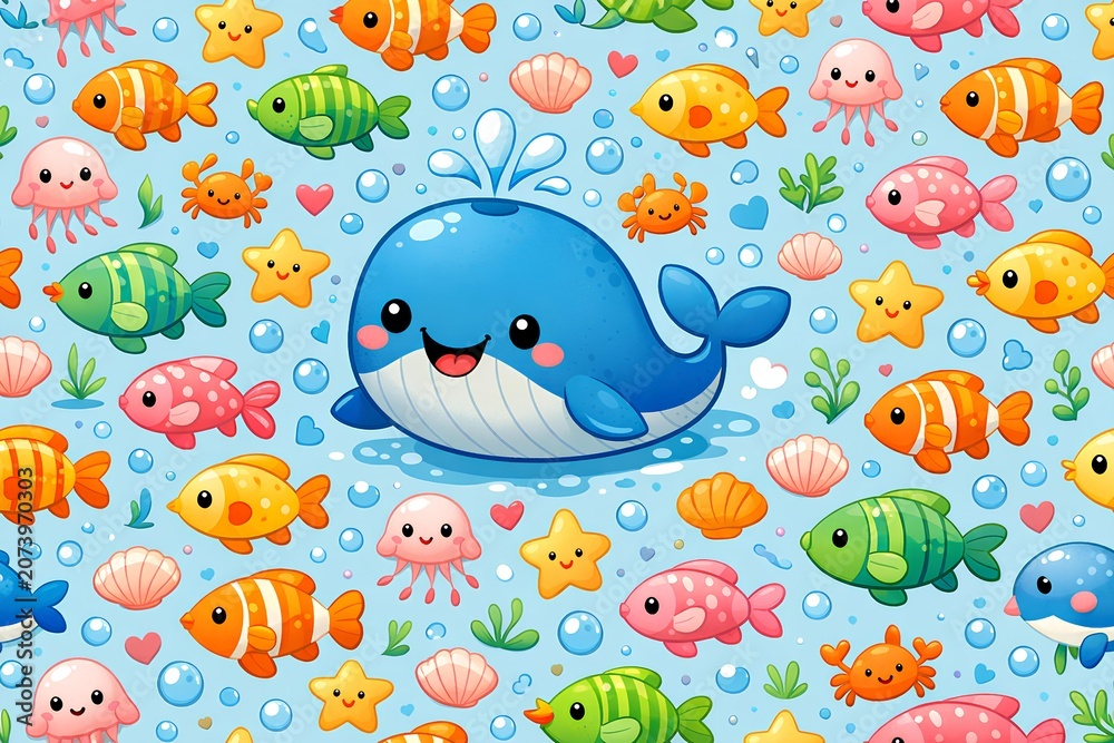 Obraz premium Cute cartoon marine animals blue sea pattern with whale, fish, jellyfish and starfish