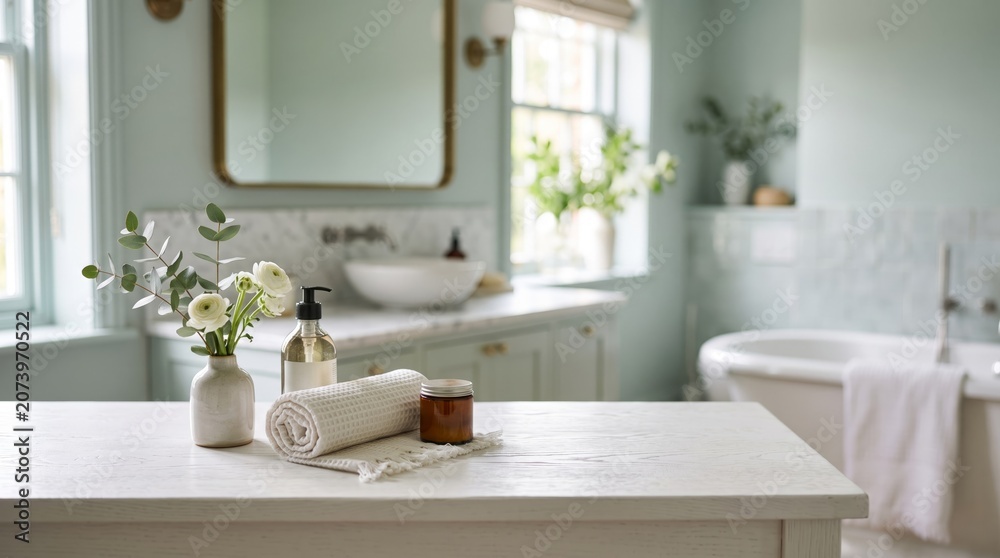 Fototapeta premium Minimalist Bathroom with White Table and Flowers for Home Decor