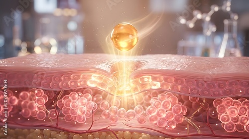 3d illustration of a golden serum droplet penetrating the skin layers for deep hydration and rejuvenation, scientific skincare concept