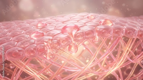 3d illustration of skin cells with collagen fibers and serum droplets, representing skin rejuvenation, hydration, and antiaging skincare concept