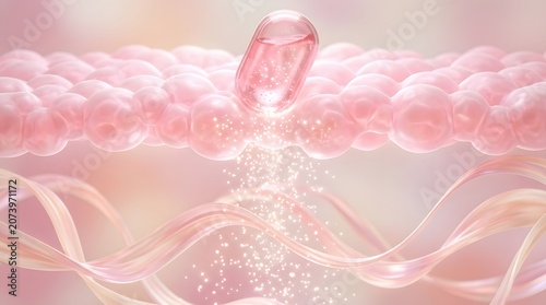3d rendering of a skincare capsule releasing active ingredients into the skin layers with collagen fibers below, representing beauty and rejuvenation