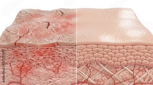 3d illustration of healthy skin versus dry, cracked, and irritated skin with inflammation, showing the difference in texture and cellular structure