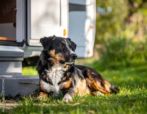 Relaxed dog lounging near camper van on sunny day in a grassy outdoor setting