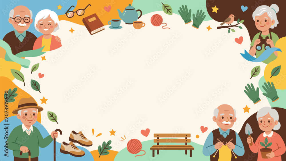 Fototapeta premium Active Seniors and Elderly Hobbies Frame Background A heartwarming vector background featuring happy grandparents engaging in various hobbies like gardening knitting walking and bird