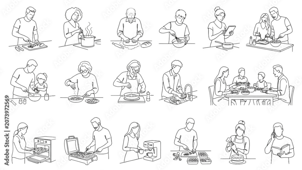 Obraz premium Cooking Kitchen Lifestyle Line Art Collection | Premium Food Preparation Vector Library
