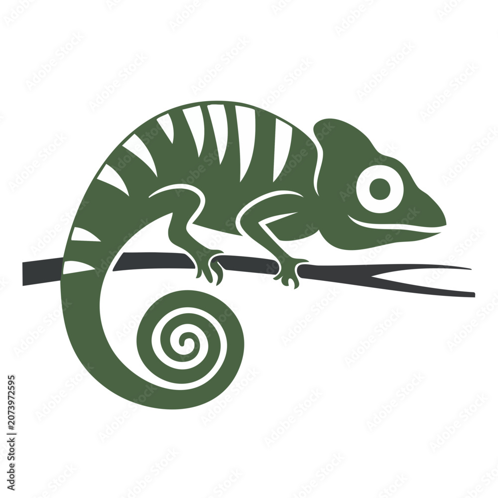 Fototapeta premium Green chameleon vector illustration on branch