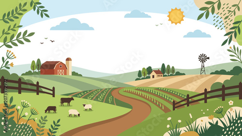 Tableau sur toile Rural Farm Scenery and Green Fields Border Background A picturesque vector frame
