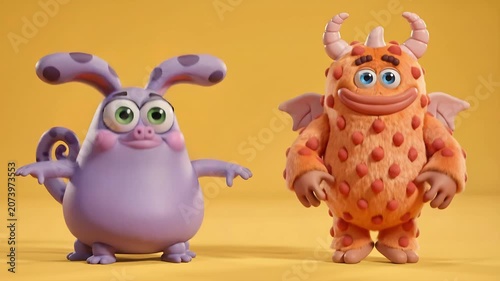 Two Adorable 3D cute Monsters Jumping and Smiling on Yellow Background. 4K Video