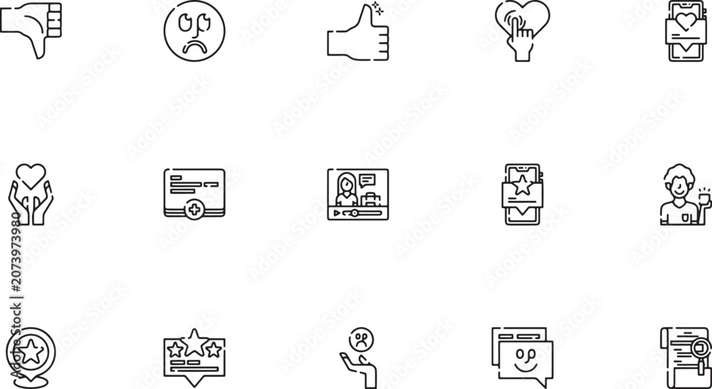 Fototapeta premium Professional customer support and quality guarantee outline vector icon collection featuring review badges helpdesk agents document clipboards and star ratings