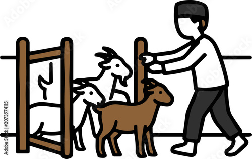 Fényképezés Man herding goats into enclosure, animal husbandry illustration