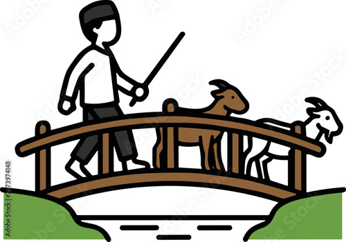 Foto Herder Guiding Goats Across Wooden Bridge Over Stream