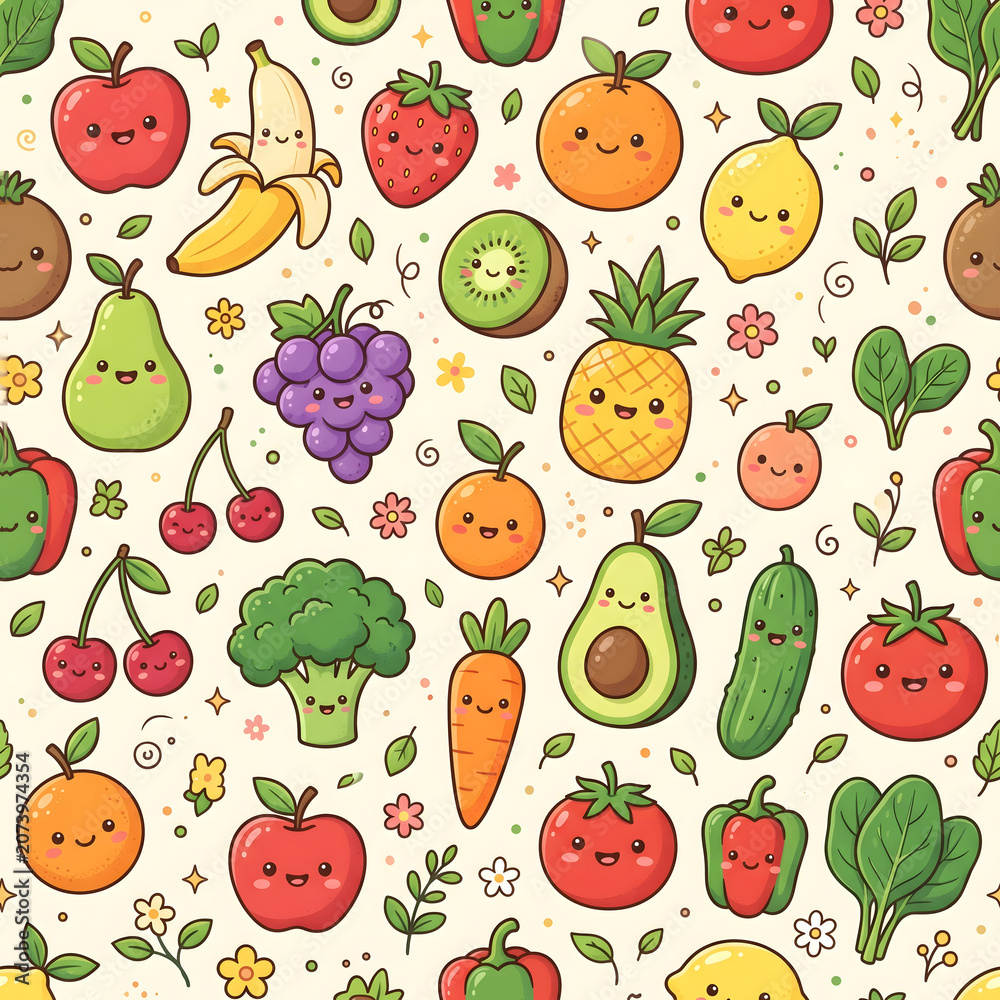 Fototapeta premium Colorful cartoon fruit and vegetable pattern with smiling faces