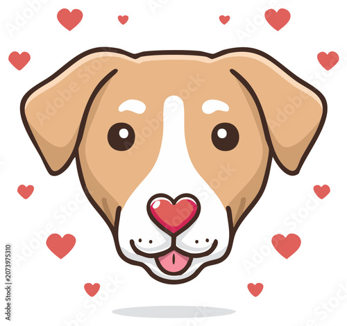 Cute cartoon dog head with heart nose surrounded by love hearts illustration