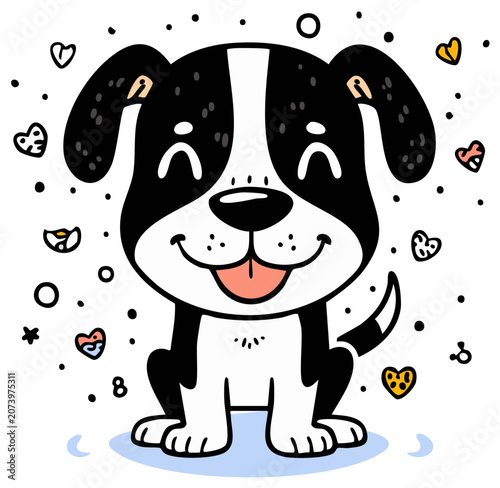 Happy cartoon dog with hearts and smiles